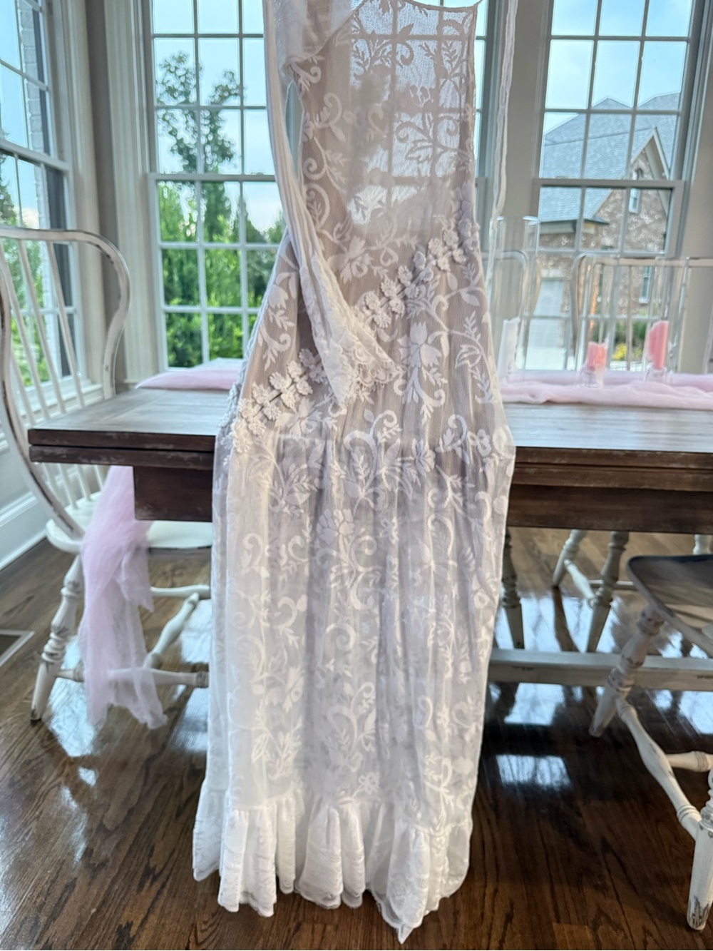 One-Shoulder White Lace Maxi Dress with Asymmetrical Sleeve - Picture 6 of 7